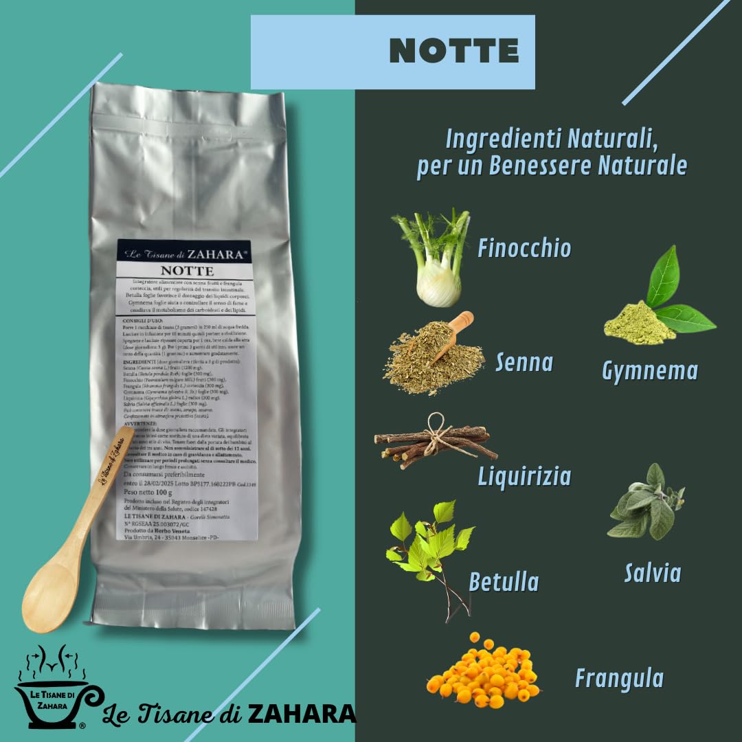 Le Tisane di Zahara Tisana Notte Miscela di Erbe, Infuso Serale con Senna e Finocchio, Contrasta la Ritenzione Idrica di Pancia e Gambe, Aiuta a Dormire Bene, Formula Vegetale, 100gr
