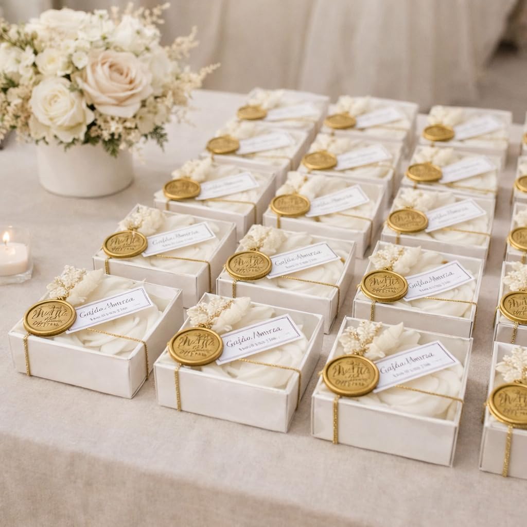 Personalized Rose Shaped Soy Wax Candles in Gift Box with Gold Wax Seal – Scented Wedding & Bridal Shower Favors, Elegant Mini Candle Gifts (Bulk Options Available)