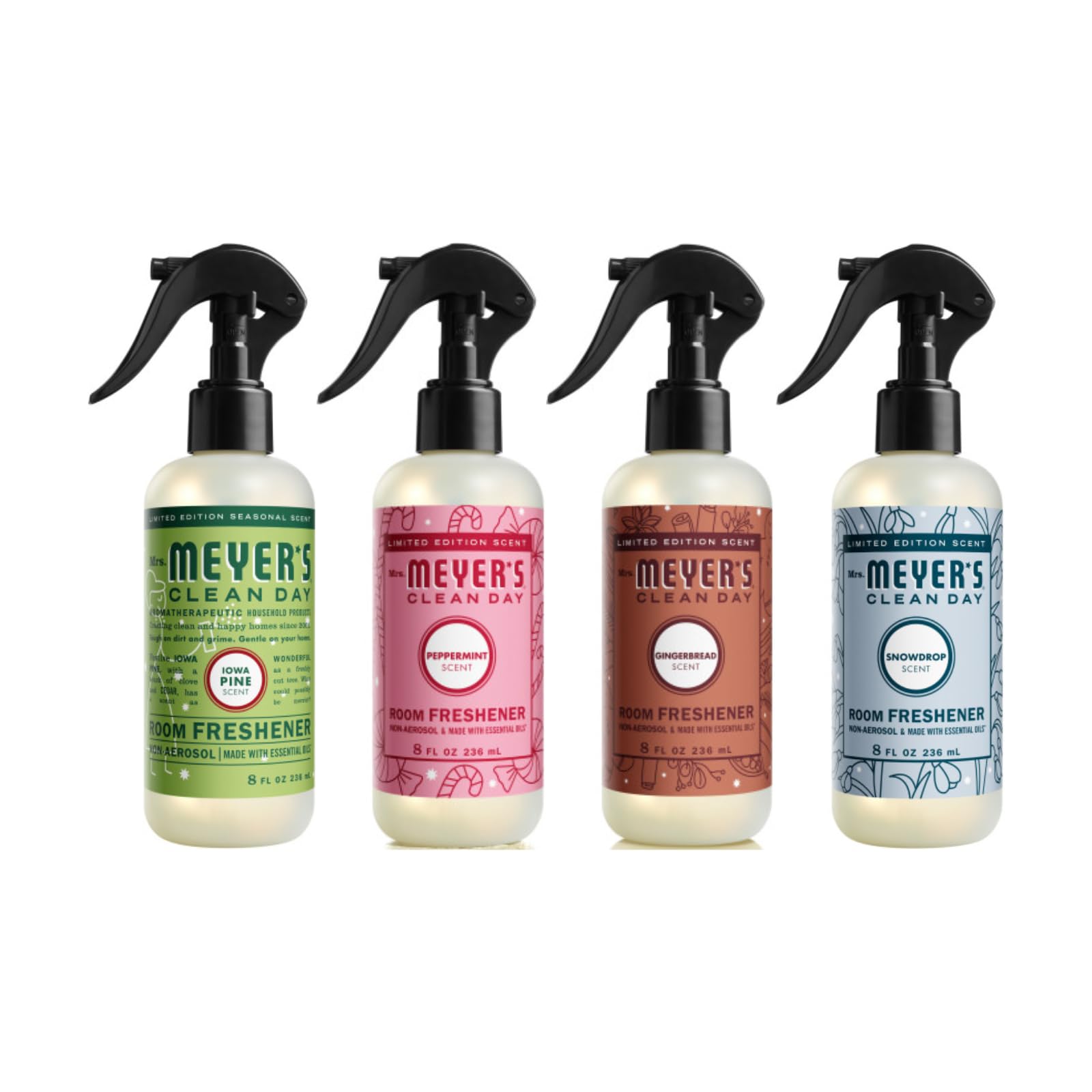 Mrs. MEYER'S CLEAN DAY Room Freshener 4 Pack Variety Pack, Iowa Pine, Peppermint, Gingerbread, Snowdrop, 8 Fl Oz Each, 1 CT