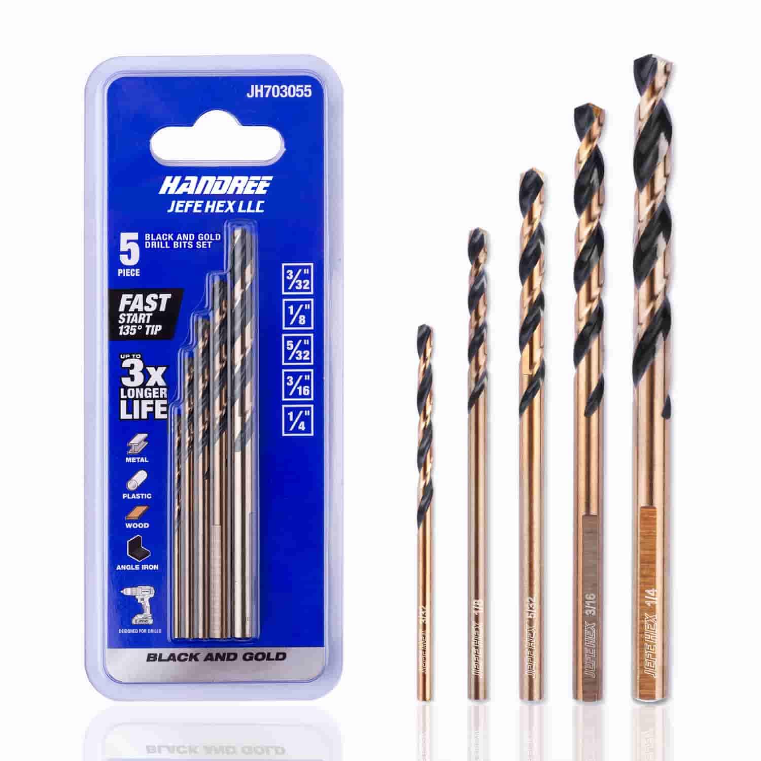 JEFE HEX Juego de brocas HSS Jobber, vástago plano 3, 3/16 pulgadas, 1/4 pulgadas. Ideal para acero/cobre/aluminio/aleaciones de zinc/madera/plástico/hogar y uso general (paquete de 5)