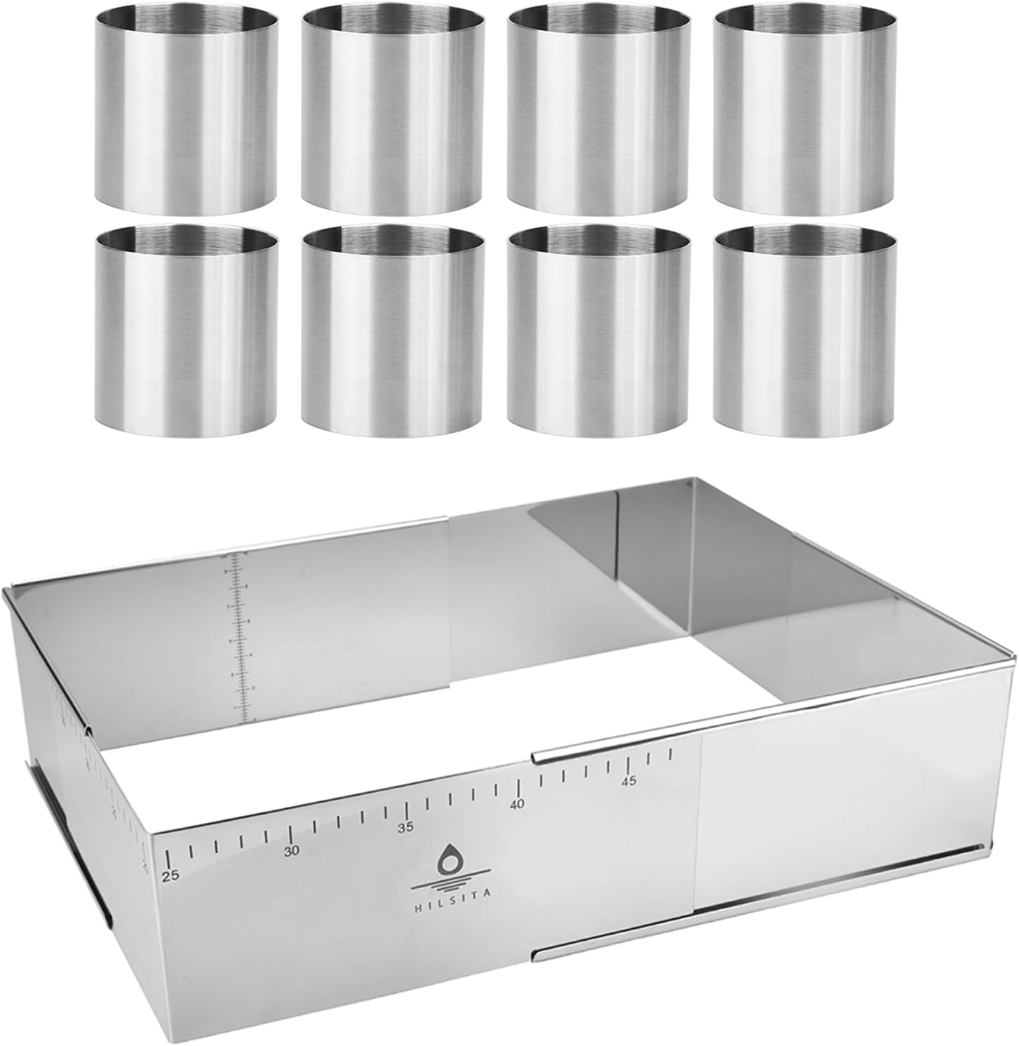 Adjustable Rectangle Mousse Cake Mold + 8 Pcs 2 Inch Seamless Mousse Cake Ring Molds