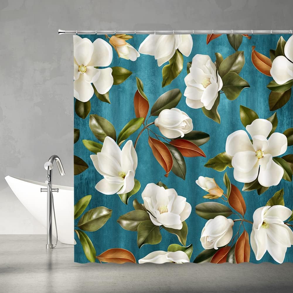 Magnolia Shower Curtain White Flower Green Leaf on Blue Background Elegant Floral Nature Farmhouse Creative Teal Home Decor Bathroom Fabric Set with Hooks(78" Wx70 H)