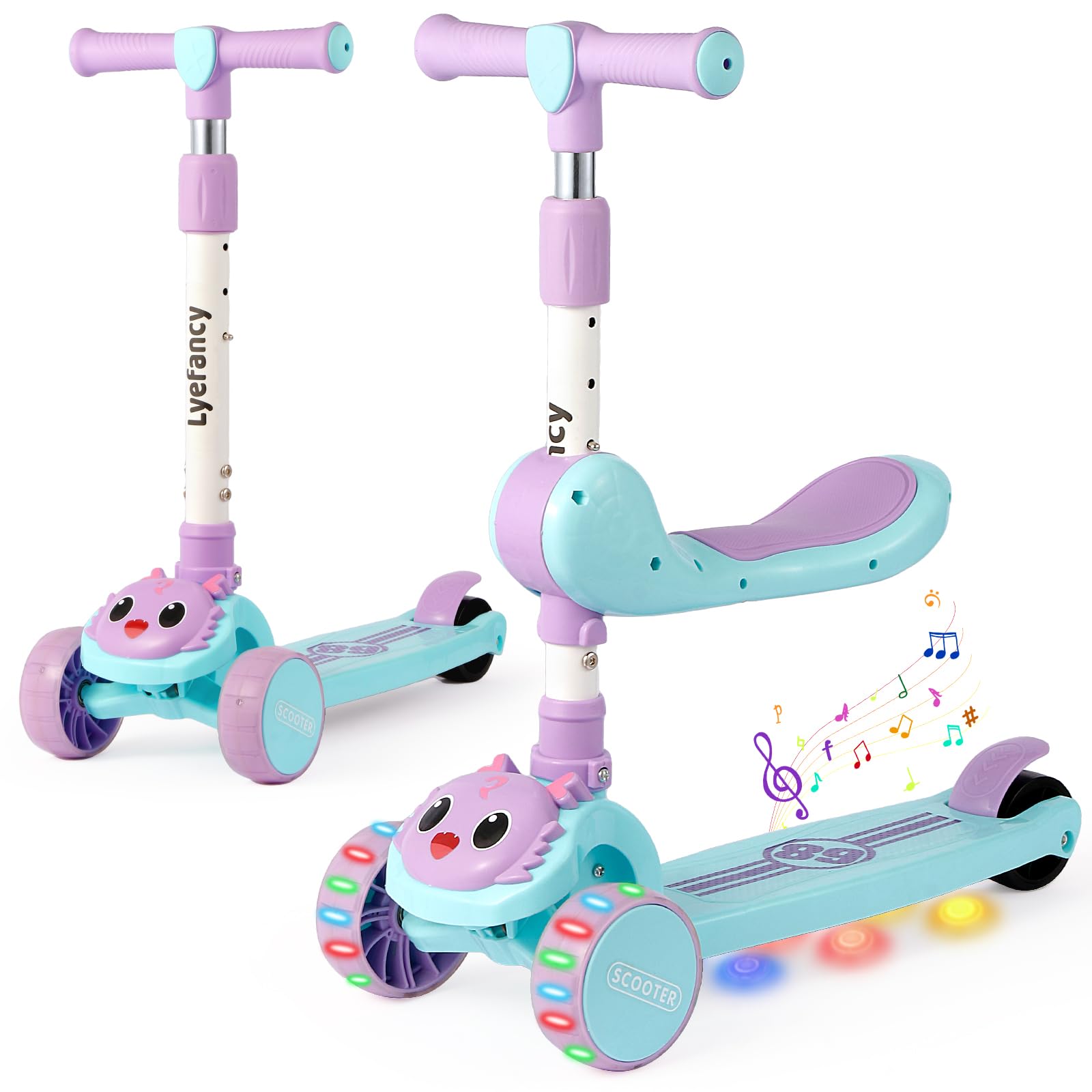 Lyefancy 3 Wheel Scooter for Kids Age 2-8, Kids 2 in 1 Scooter with Detachable Seat, Childrens Folding Scooter with Music and Light up Wheels, Adjustable Height, Lean to Steer (Green+Purple)