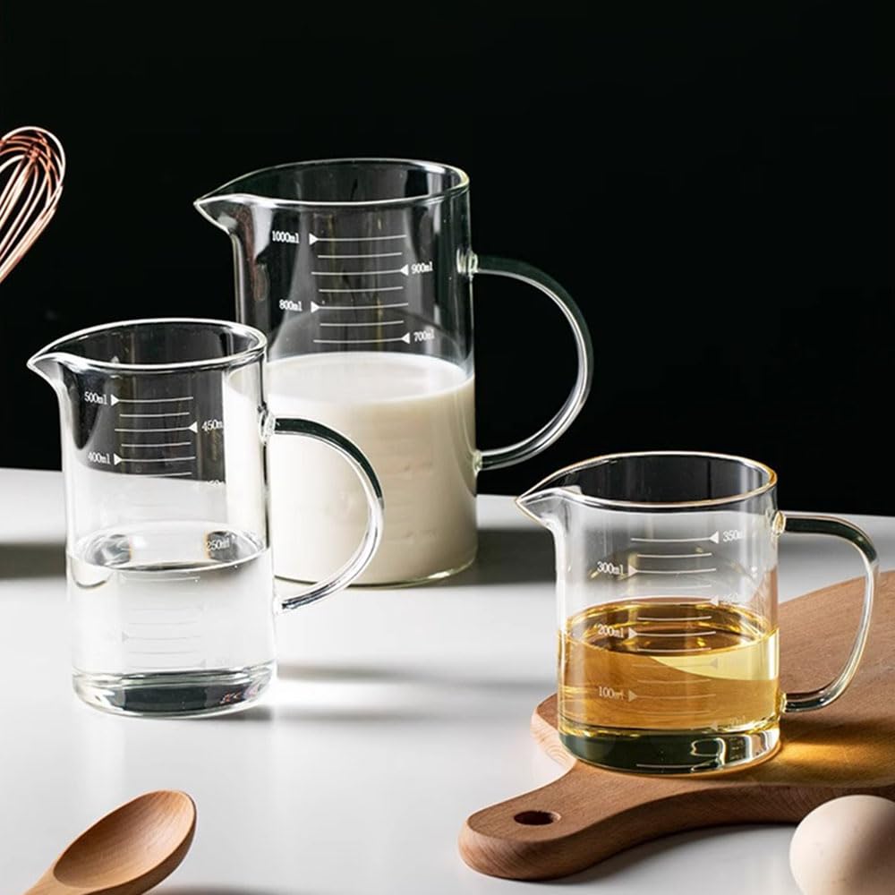 3-pak szklanych kubków z miarką, 350 ml, 500 ml i 1000 ml, kubki do pomiaru płynów z uchwytem, do pieczenia, gotowania, mieszania i pomiaru