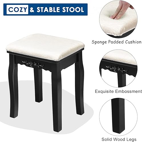 Miniatura 6 de LDAILY Juego de tocador con 10 luces LED escritorio de tocador con espejo cuadrado iluminado giratorio de 360 grados taburete acolchado y 5 cajones