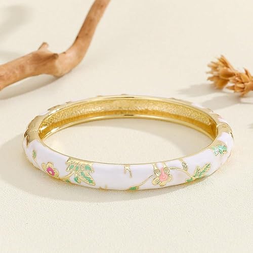 Miniatura 6 de Cloisonne - Pulsera gruesa para mujer, diseño de flores, esmaltado, multicolor, grabado, chapado en oro, apilable, joyería para esposa, regalo de