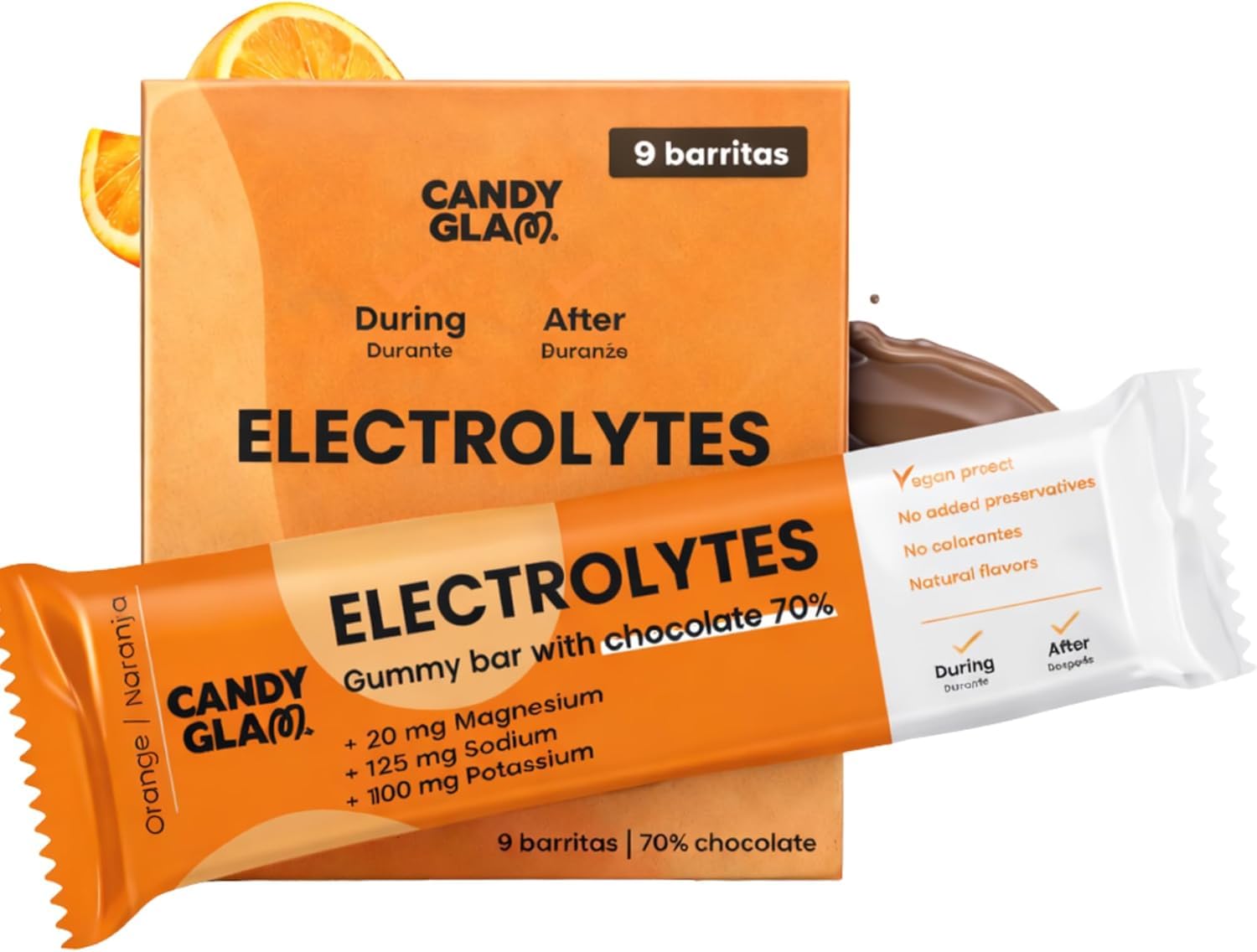 Candy Glam Barritas Energéticas Mixtas Pack 24, 12 Electrolitos Naranja y Chocolate Negro 70% + 12 Creatina Chocolate y Plátano, Snack Deportivo