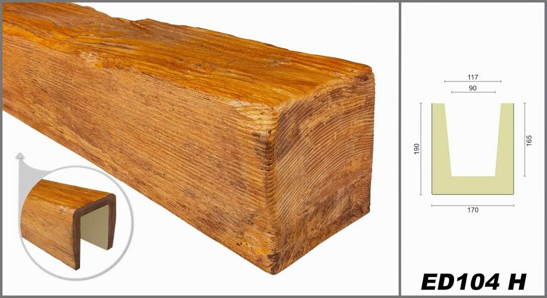 DECO WOOD viga de techo ED104 de poliuretano, 2m de longitud, viga de PU madera óptica (marrón claro - 17x19cm) decoración interior vigas decorativas revestimiento de tubos