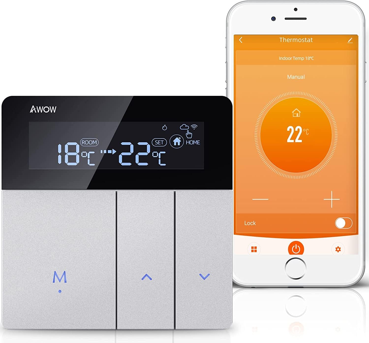 AWOW Smart Home Thermostat with mobile app interface