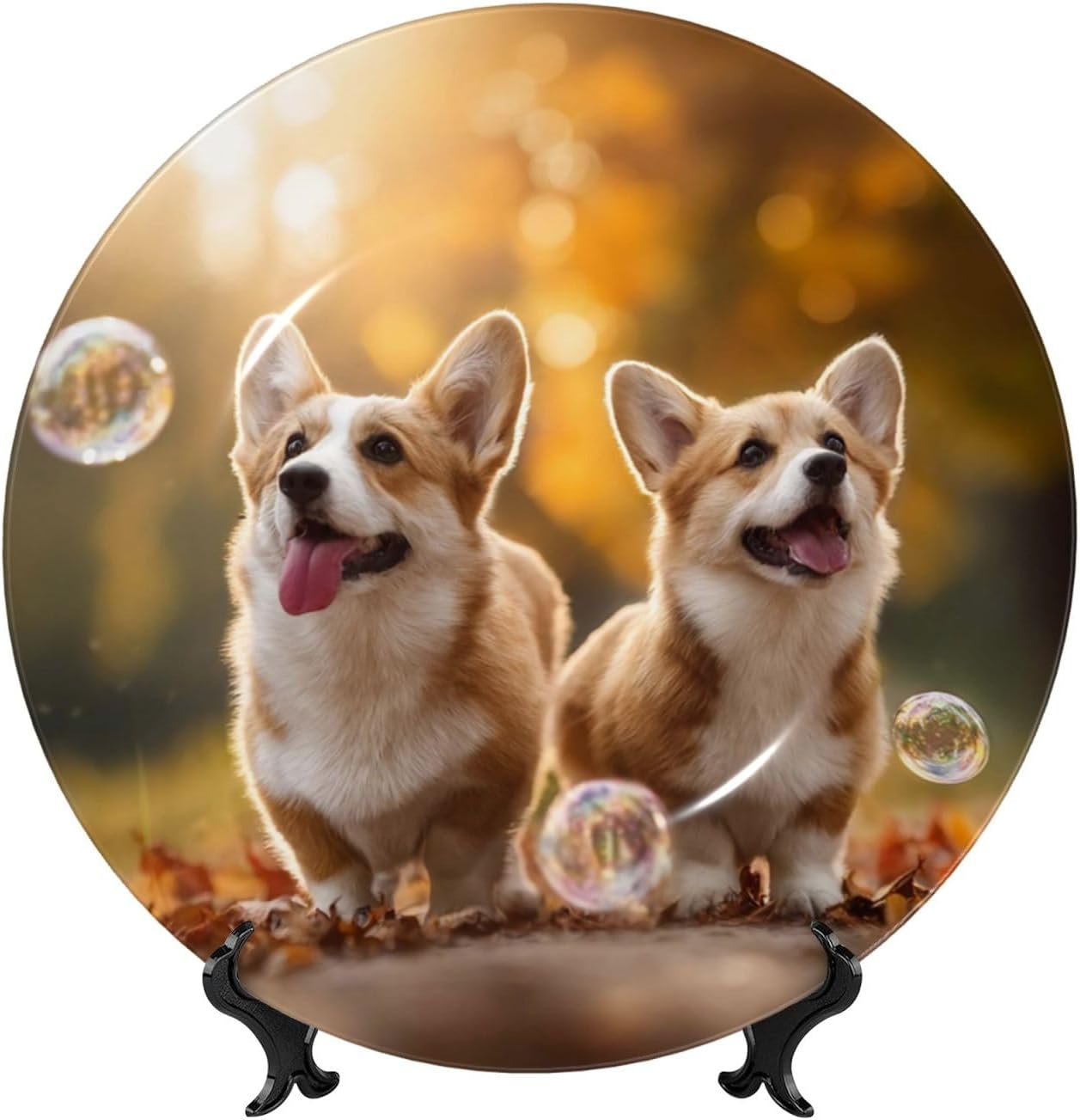 Bone China Decorative Plate with Display Cute Corgi dog Ceramic Plates Crafts Art Decor Dessert Plate Ceramic Ornament Porcelain Plates for Living Room Kitchen Table Home Decor