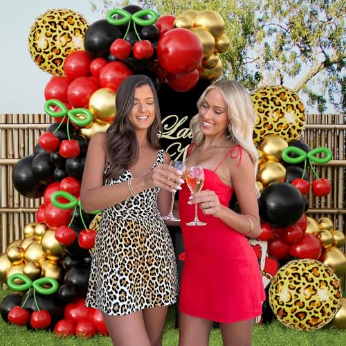 Image of JOGAMS 182Pcs Betty Party Decorations,Leopard Cheetah Print Party Decorations,Red and Black Cherry Balloon Arch Kit with Gold Cheetah Balloons for Bachelorette Birthday Baby Shower Vintage Retro Party