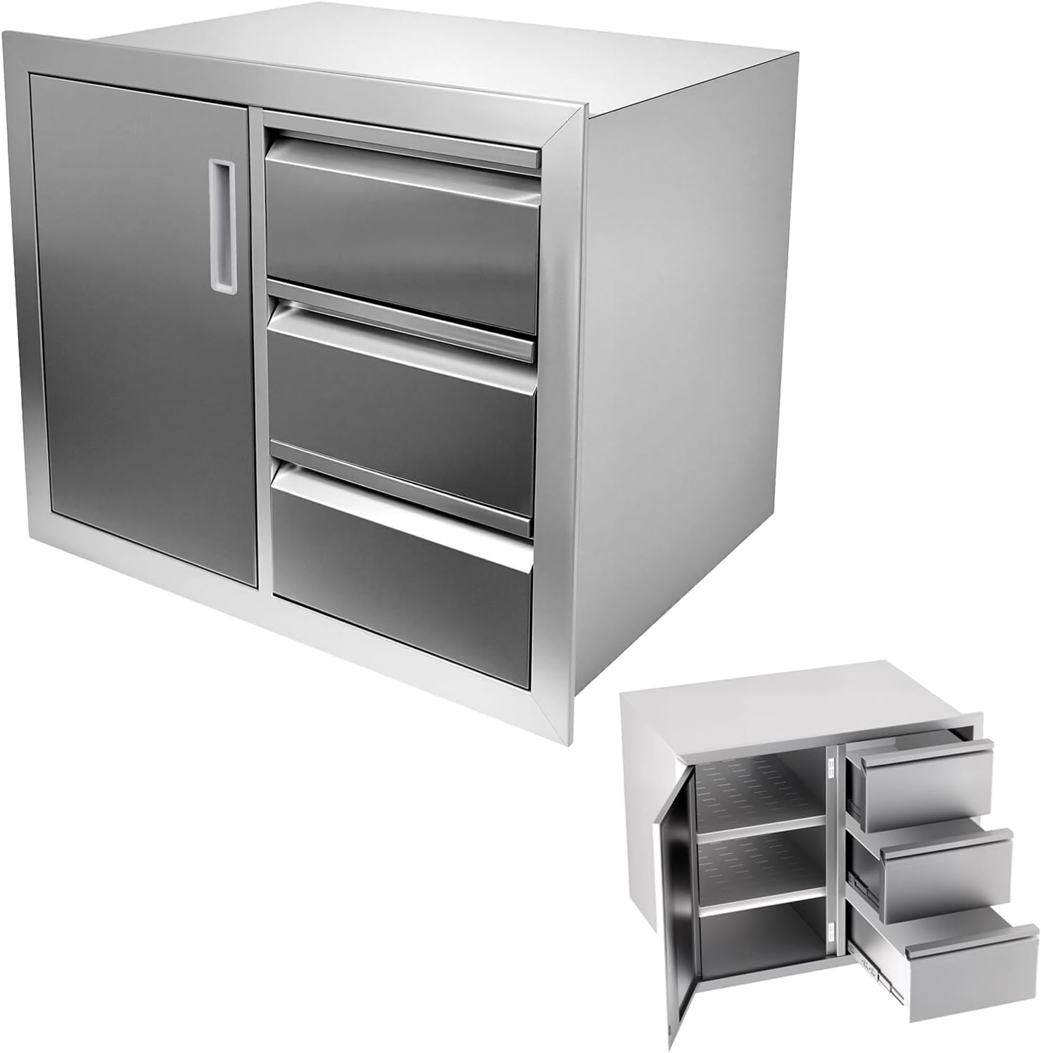 Outdoor Kitchen Drawers 26.3’’W×19’’D×20.4’’H, Triple Stainless Steel Drawers Outdoor Kitchen Cabinets, Box Frame Style Outdoor Storage Cabinet for BBQ Island