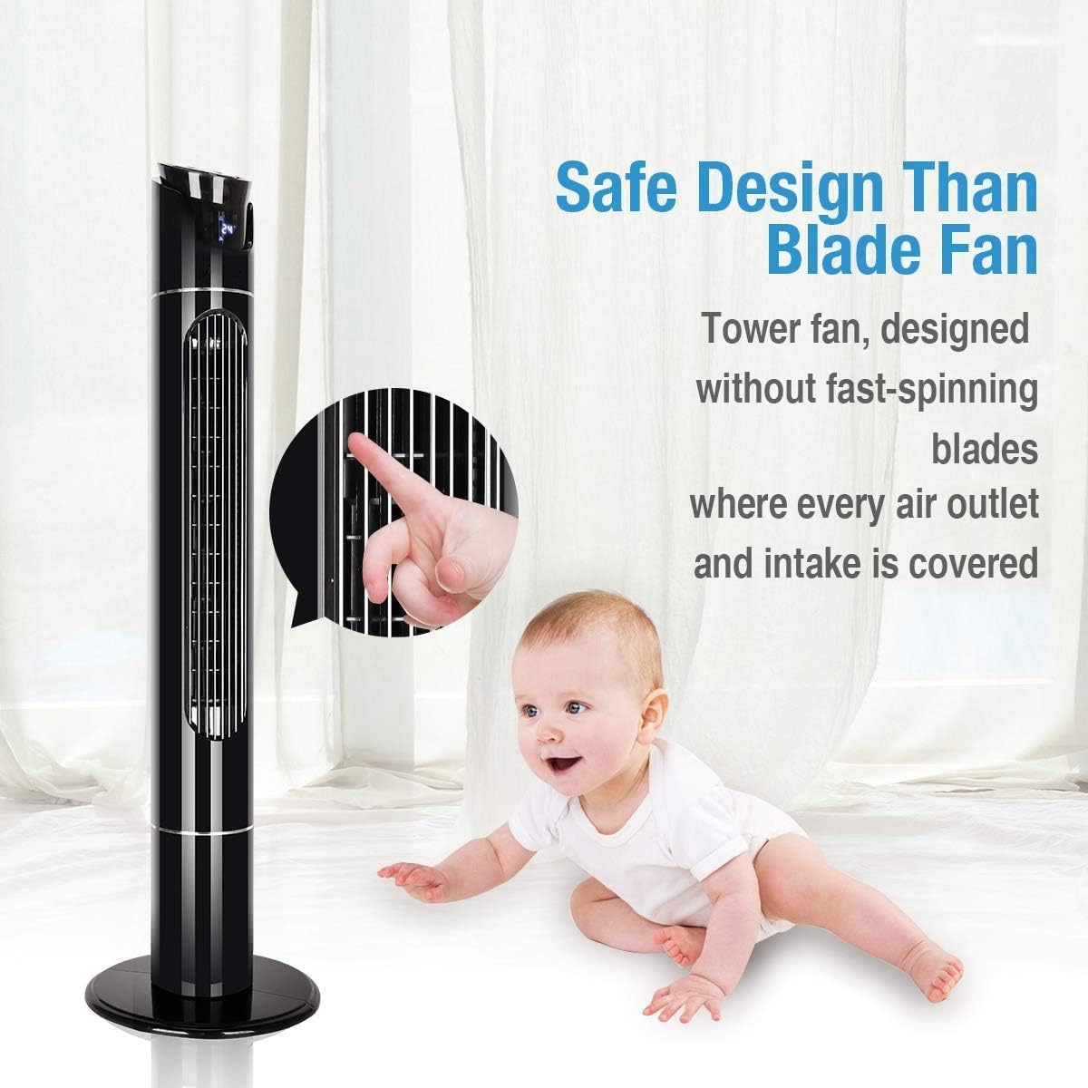 Tower Fan, 43”70°Oscillating Cooling Fan with Remote, 9 Modes, Up to 12H Timer, LED Display Auto turn-Off, Bladeless Standing Fan Portable for Whole Room, Powerful Floor Fan with Memory Function
