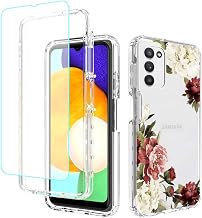 Case for Galaxy A03S, SM-A037U: Floral Design, Tempered Glass Screen Protector, Full Body Protection, Soft TPU, Hard PC, Shockproof, White with Floral Pattern