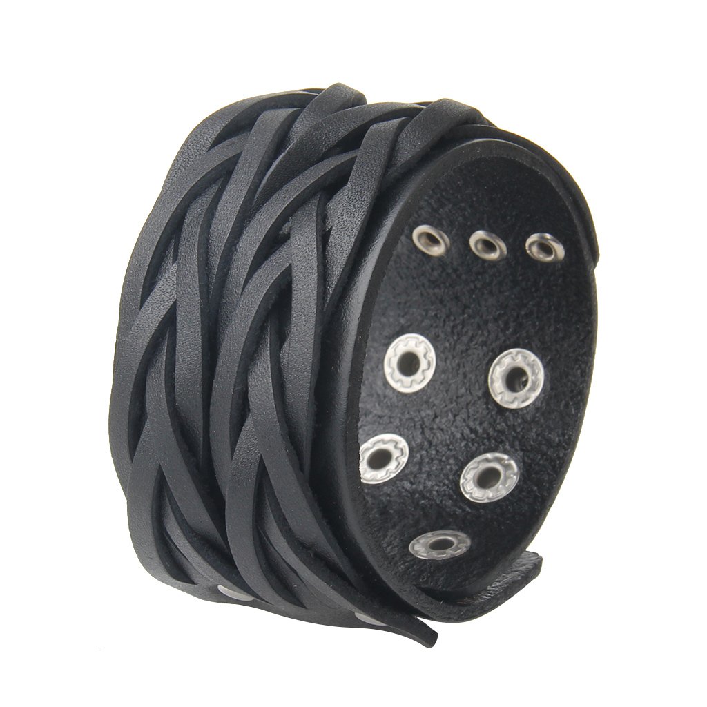 Jeilwiy Punk Leather Wristbands for Men Bracelets Handmade Wide Cuff Bangle Braided Jewelry Black Brown Adjustable - Punk Father's Gifts