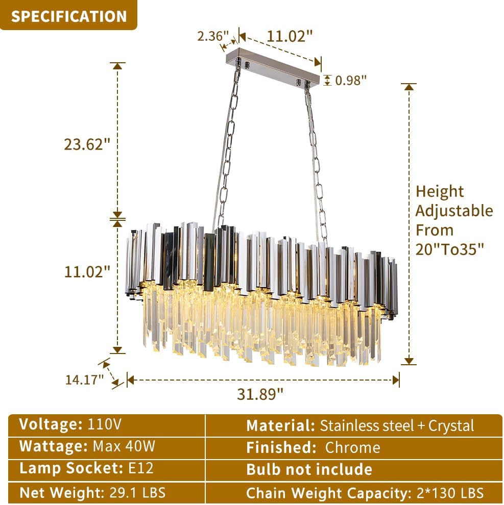 WABON Modern Crystal Chandeliers, Chrome Luxury Celling Light, Contemporary Pendant Lights for Dining Room Living Room