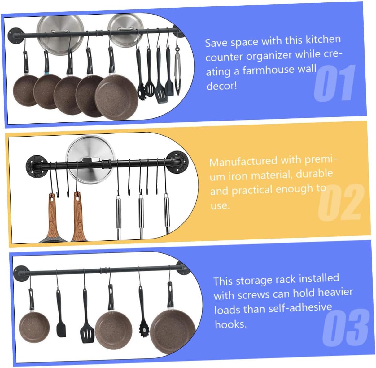 Wall Mounted Pot Rack with Hooks Iron Kitchen Pot Storage Rack 13x60cm Hanging Pan Organizer for Kitchen Wall Sturdy Rail for Cookware Storage
