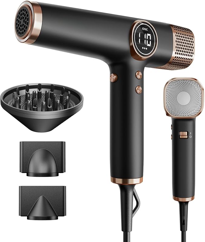 Faszin Hair Dryer, Lightweight Hair Dryer with 110,000 RPM Brushless Motor for Quick Drying, 200 Million Ion Hair Dryer, Low Noise, LED Display, 3 Magnetic Nozzles for Home, Salon