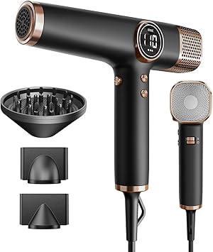 Faszin Secador de Pelo Profesional y Ligero con Motor de 110,000 RPM, Secado Rápido, 200 Millones de Iones, Bajo Ruido, Pantalla LED y 3 Boquillas Magnéticas, Ideal para el Hogar y el Salón