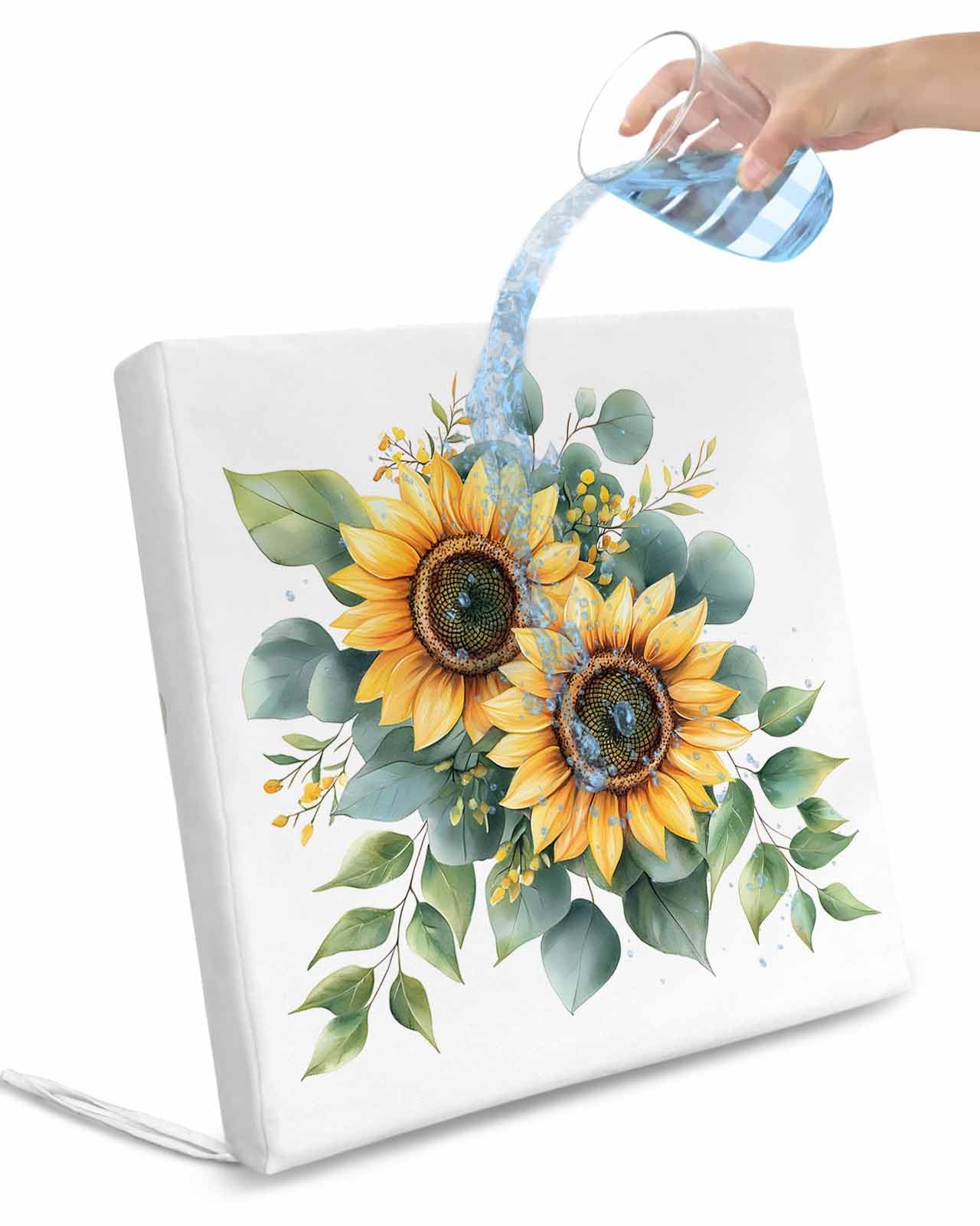 2 Pack Sunflower Waterproof Cushion Covers with Ties, Outdoor Patio Chaise Lounge Chair Seat Cushion Slip Covers Replacement(Only Cover) Green Eucalyptus Leaves Watercolor Botanical 20