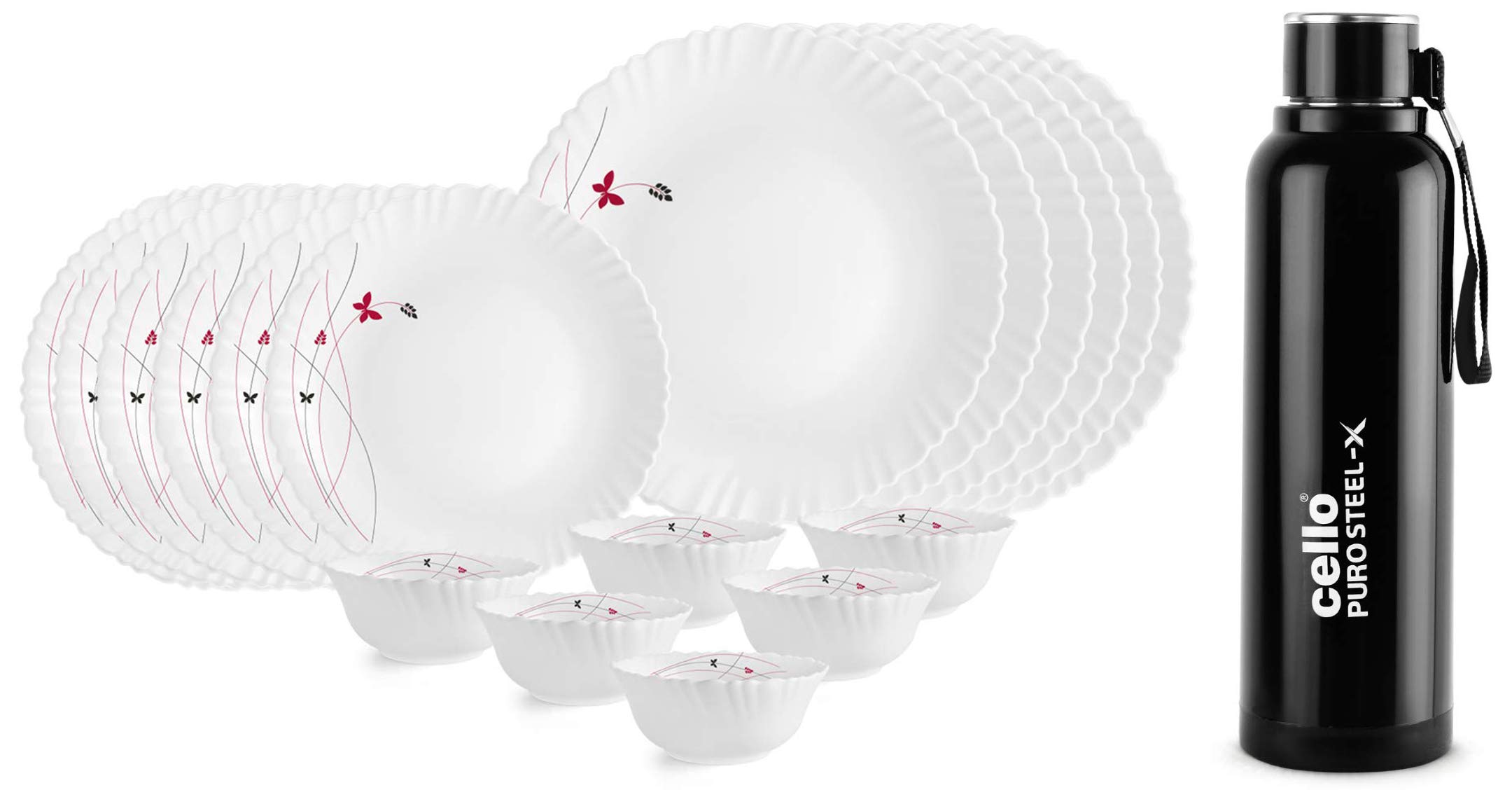 Cello Lush Fiesta Opalware Dinner Set, 18-Pieces, White & Cello Puro Steel-X Benz Inner Steel Outer Plastic with PU Insulation Water Bottle, 900 ml (Black)