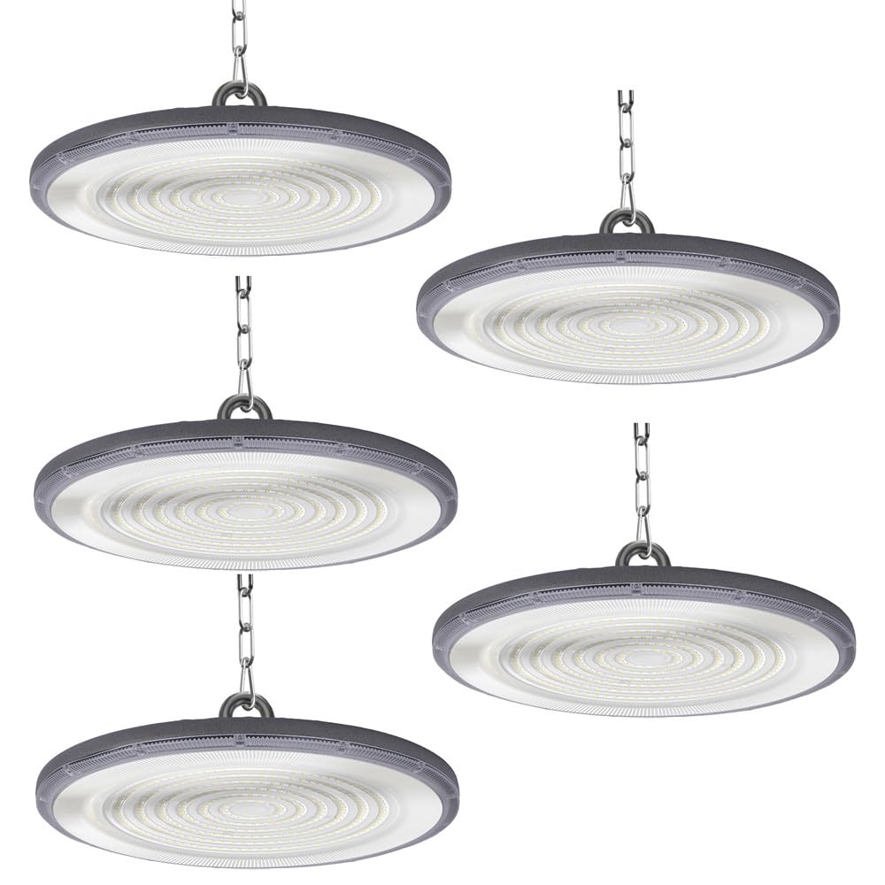 JBdusn 200W LED High Bay Light 5pcs, 6500K UFO Industrial Spotlight Workshop Ceiling Light with Chain, IP65 Waterproof Hall Lamp Spot Ceiling Lighting for Factories, Garages, Warehouses