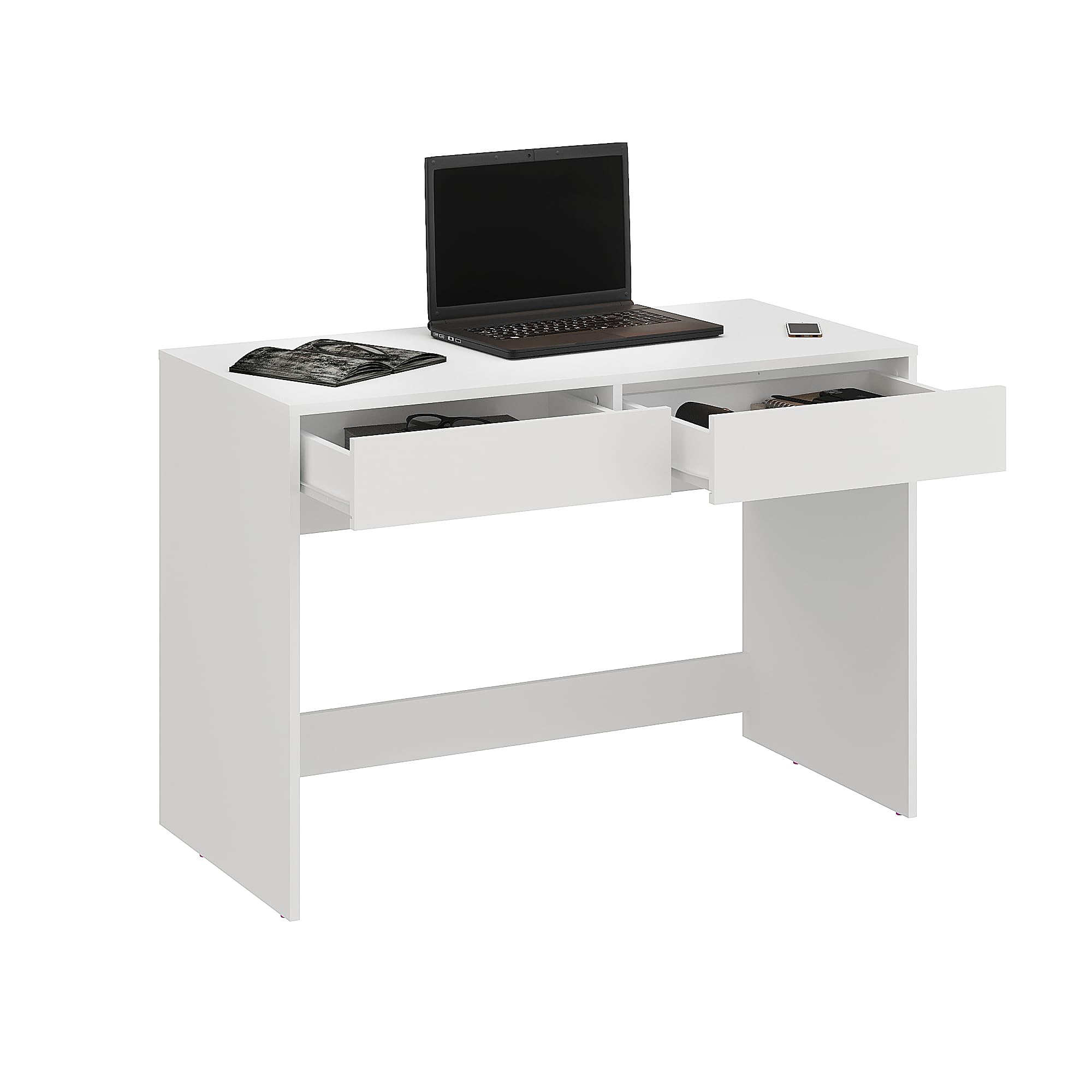 KOMTO Biurko Komputerowe Białe 110 cm z 2 Szufladami – Nowoczesny Stół Biurowy do Domu i Pokoju Dziecięcego, Miejsce do Nauki i Pracy | NOVA2 110 x 52,8 x 76 cm