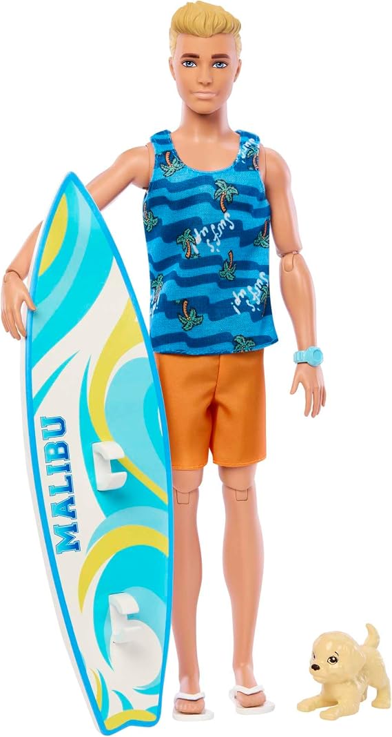 Ken Beach Doll with Theme Suitable Accessories such as Barbie Surfboard, Bendable Blonde Barbie, Towel, HPT50