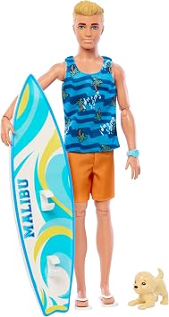 Ken Beach Doll with Theme Suitable Accessories such as Barbie Surfboard, Bendable Blonde Barbie, Towel, HPT50
