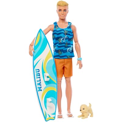 Barbie ​Ken® Doll with Surfboard and Pet Puppy, Poseable Blonde Ken® Beach Doll with Themed Accessories Like Towel