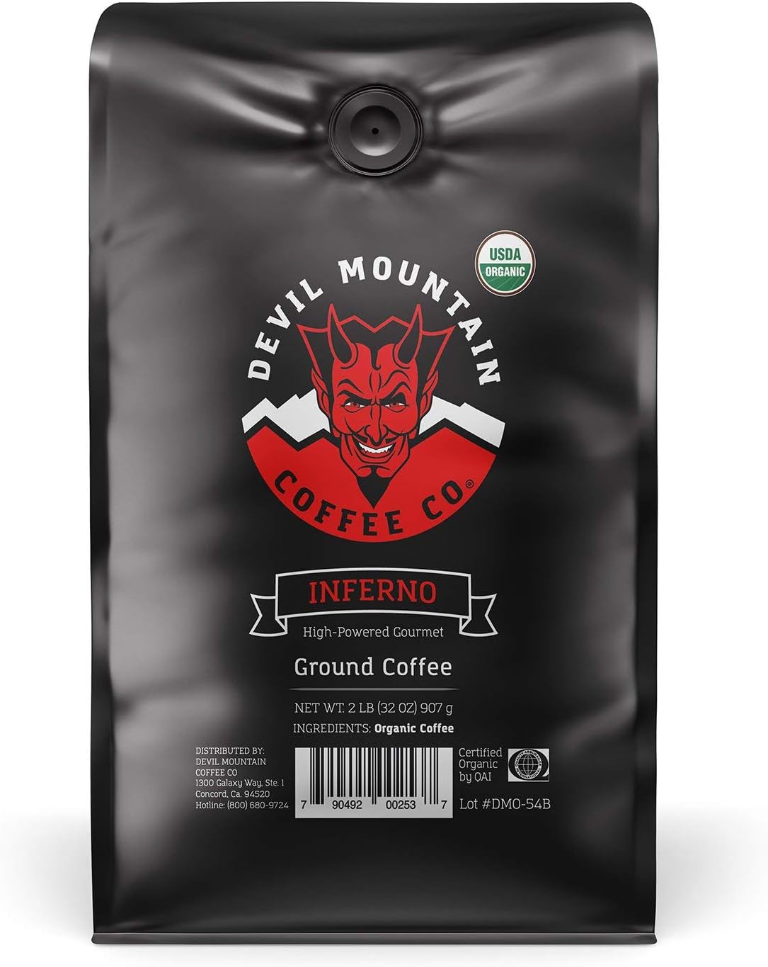 Devil Mountain Coffee Inferno Dark Roast Ground Coffee, Strong High Caffeine Coffee Beans, USDA Organic, Fair Trade, Bold Blend, Gourmet Artisan Roasted, Strongest Coffee in the World, 2 Lb Bag
