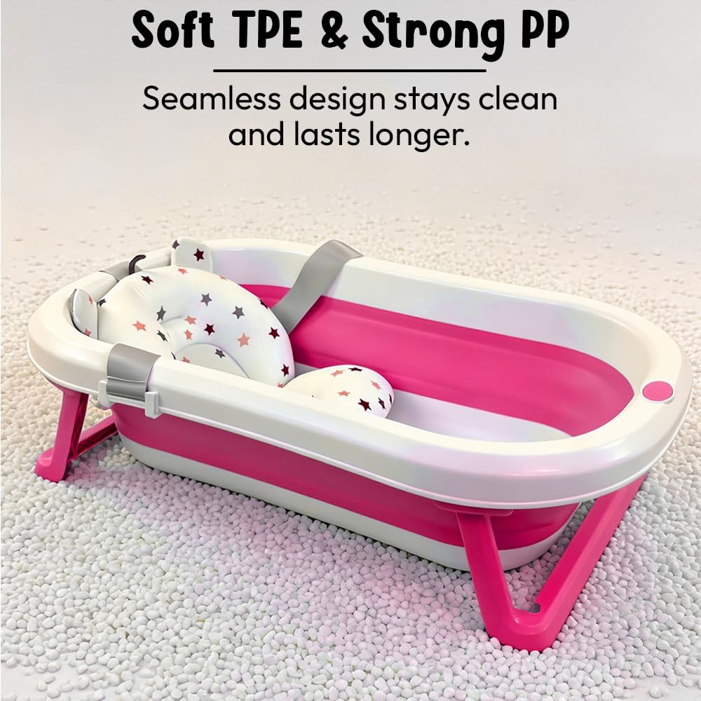 StarAndDaisy Bath Tub for Baby 0-5 Years/Foldable Bath tub for Kids with Cushion, Space Saving Design, Newborn Baby Folding Bathing Tub Girls & Boys, Easy to Store- Pink 3