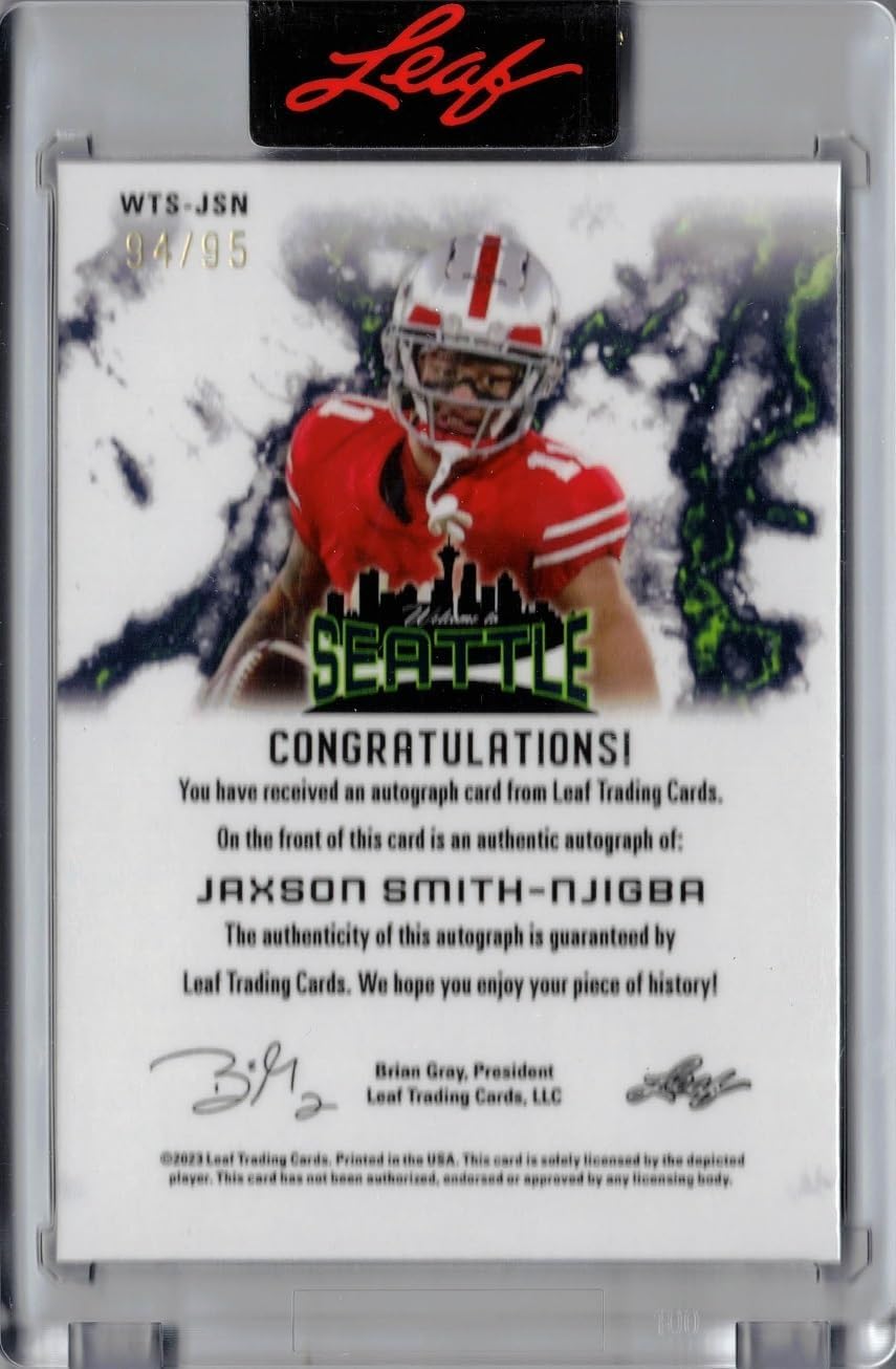 2023 Leaf Welcome to Seattle #WTS-JSN Jaxon Smith-Njigba Certified Autograph Rookie Football Card