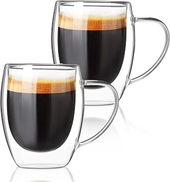 FrutPunch Double walled glass coffee mugs, Glass Coffee Mugs Set Of 2, Glass Coffee Cups with Handles, 12OZ, Suitable for Cappuccino, Latte, Espresso, Hot Drinks, Cold Drinks 2, 12, Fluid Ounces