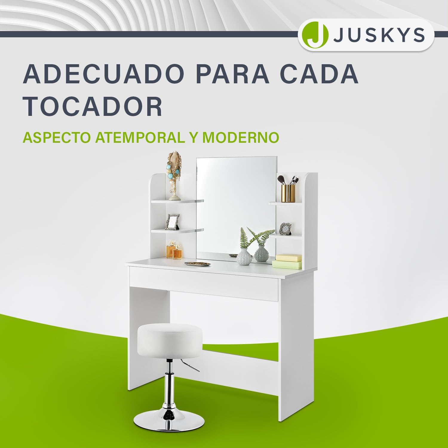 Juskys Taburete Tonia para tocador – Asiento Redondo de 33 cm, Altura Regulable 52–65 cm – Diseño ergonómico Acolchado con Funda de Polipiel Blanca