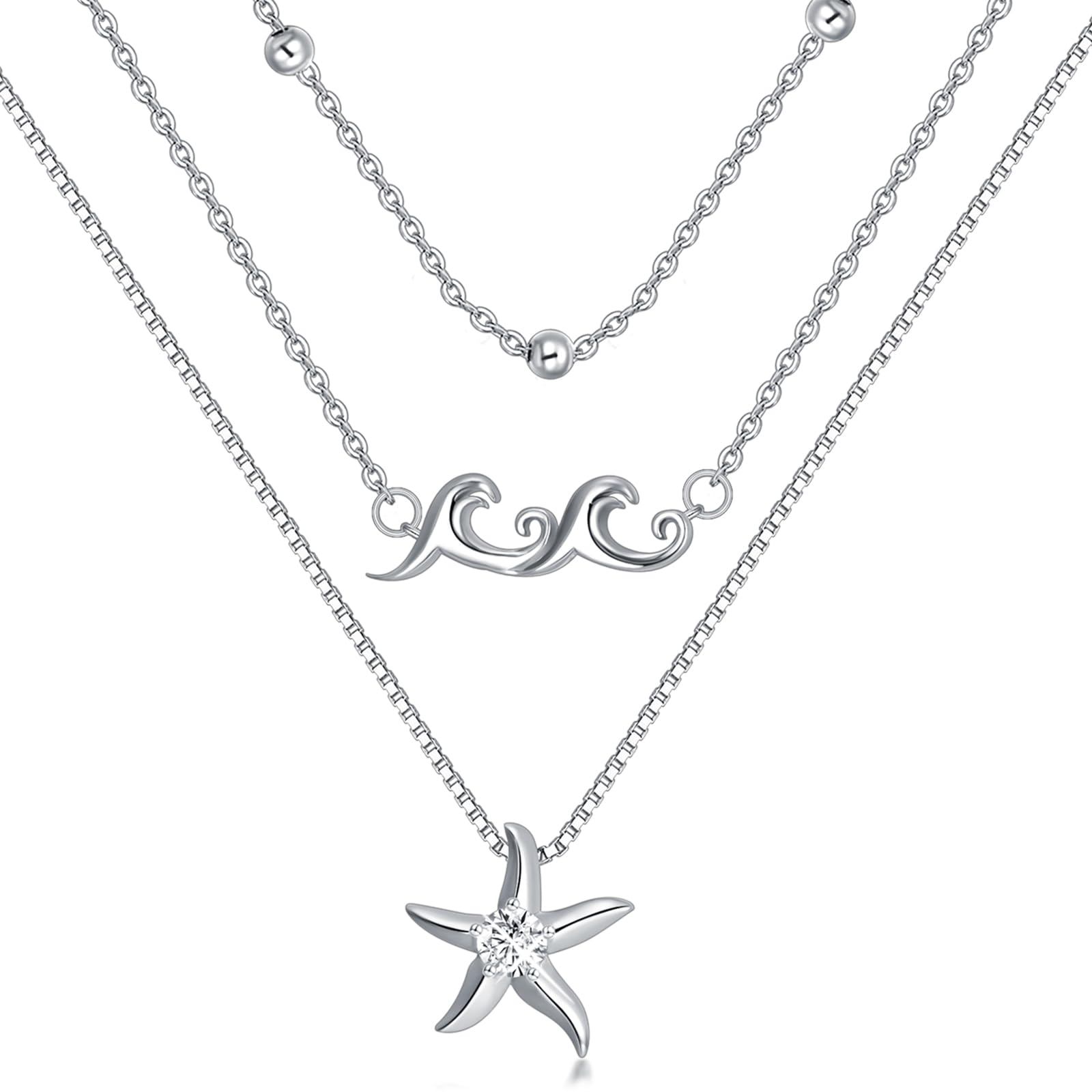 Tikfola 925 Sterling Silver Ocean Necklace for Women, Silver Layered Cute Turtle/Starfish/Shark Pendant Choker Necklace Christmas Birthday Jewelry Gift for Women Girls