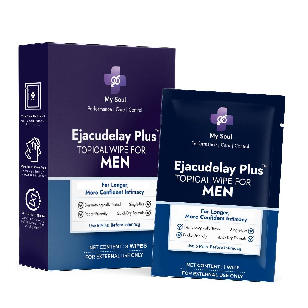 My Soul Ejacudelay Plus Topical Wipes for Men | 3 wipes | Alcohol-Free, Gentle & Quick-Drying | Easy to Use | Discreet & Travel-Friendly Packaging | Feel Clean And Confident