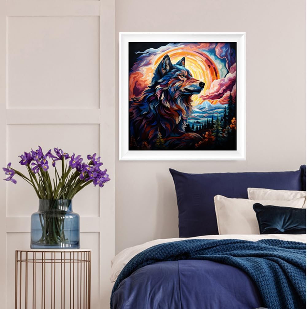 Leczany Cross Stitch Stamped Kit for Adults - Colorful Wolf Trail | DIY Embroidery Starter Patterns Craft Kit Needlepoint for Beginner | 11CT, 3 Strands | 14.2x14.6 inches
