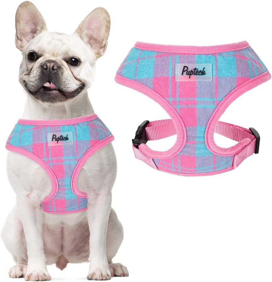 PUPTECK Soft Mesh Dog Harness and Leash Set Pet Puppy Cat Comfort Padded Vest No Pull Harnesses, Pink Plaid, L