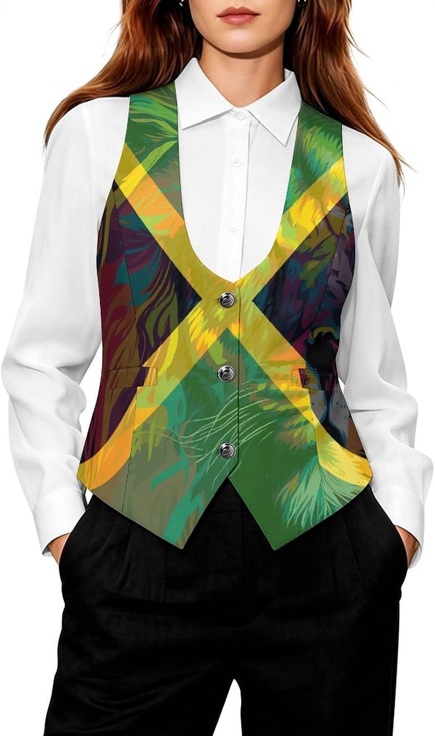 Jamaica Flag Jamaican Lion Women's Tuxedo Waistcoat Suit Vest | 3 Button V-Neck Slim Fit Casual Sleeveless Top
