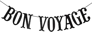 Bon Voyage Party Banner for Adventure Awaits Going Away Celebration Moving Away Retirement Party Decorations Sign Bunting (Black Glitter)