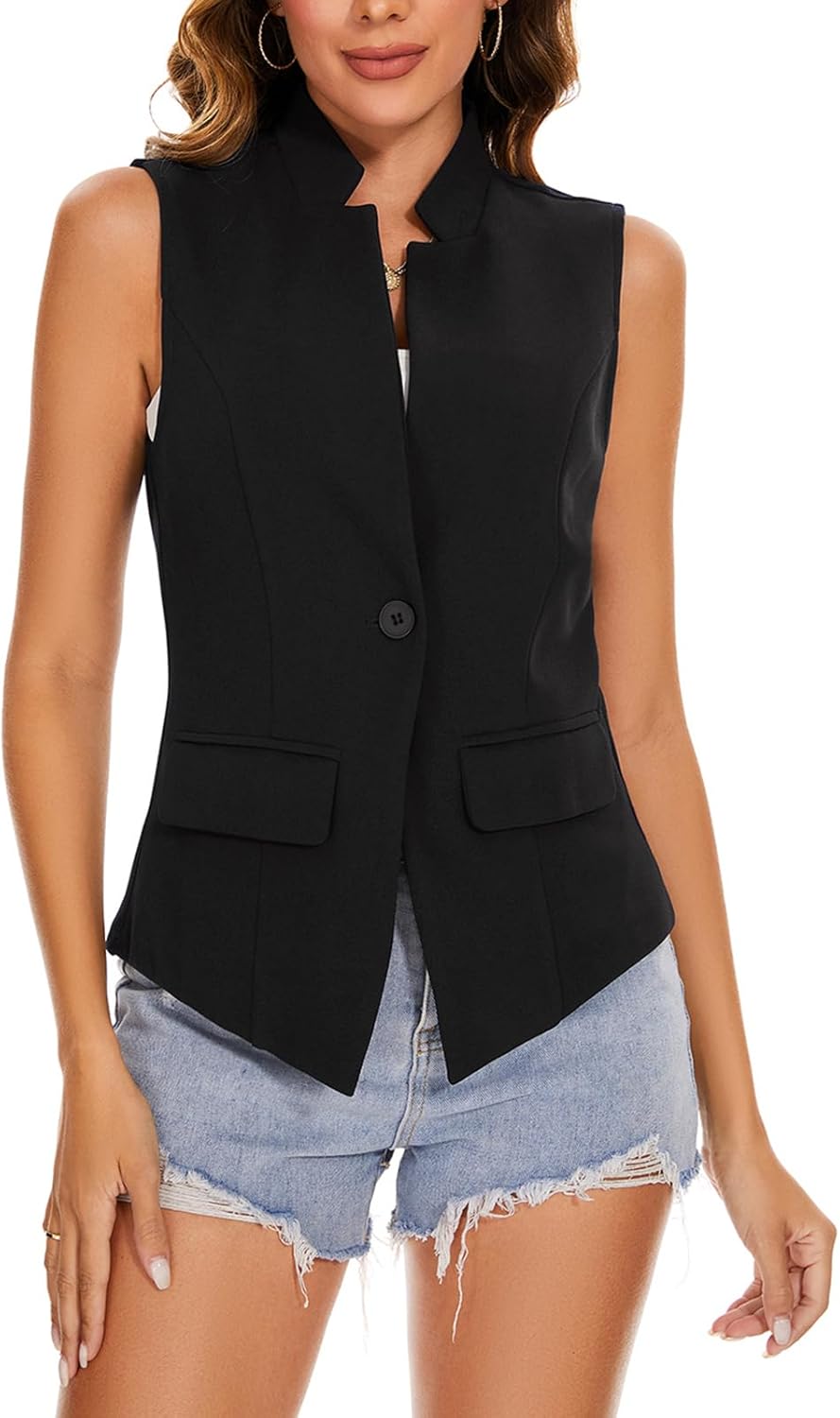 MINTLIMIT Women's Elegant Sleeveless Button Front Notch Collar Vest Blazer Jacket with Pockets (Black, Size L) - Image 6