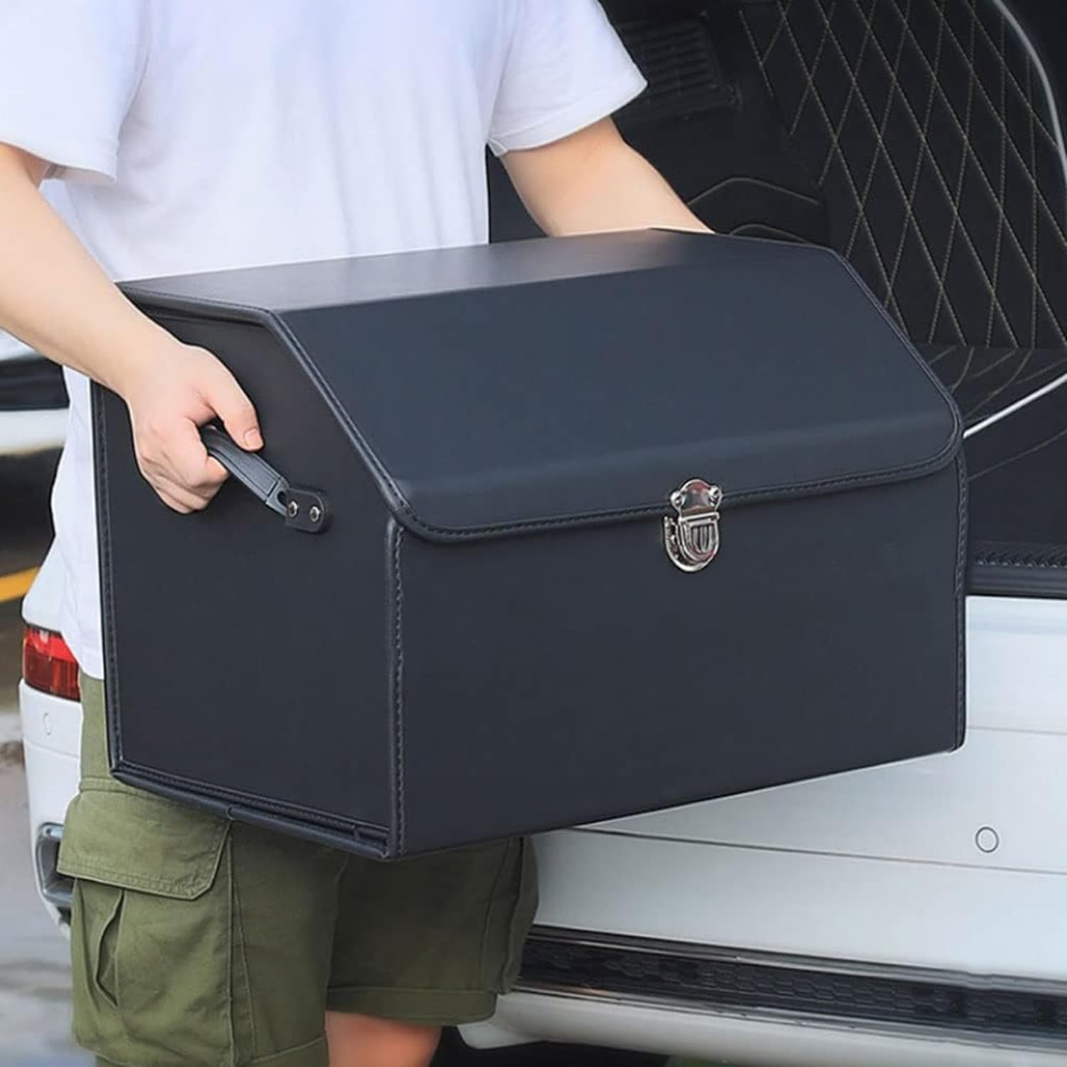 35L Car Trunk Boot Organizer Storage With Lid Foldable Leather Car Boot Box Multi-Compartment Portable Car Trunk Dicky Storage and Organizer for All Types Of Cars (53L x 31W x 30Hcm)