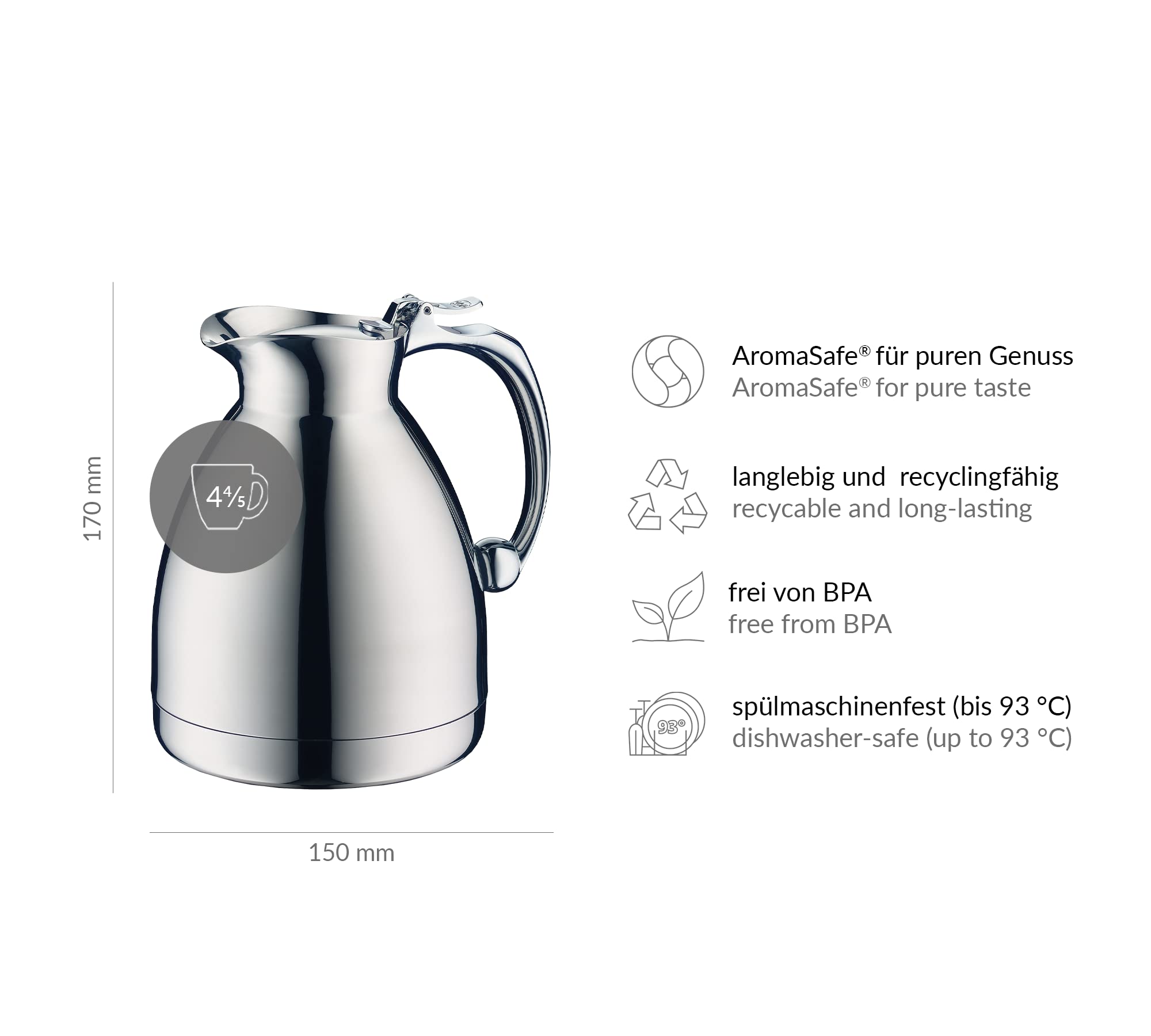 alfi HOTELLO 0,6 l, Jarra isotérmica de Doble Pared de Acero Inoxidable, Mantiene el Calor 4 Horas, Mantiene el frío 6 Horas, Tapa Suelta, vertido con una Mano, sin plástico, lavavajillas, hostelería
