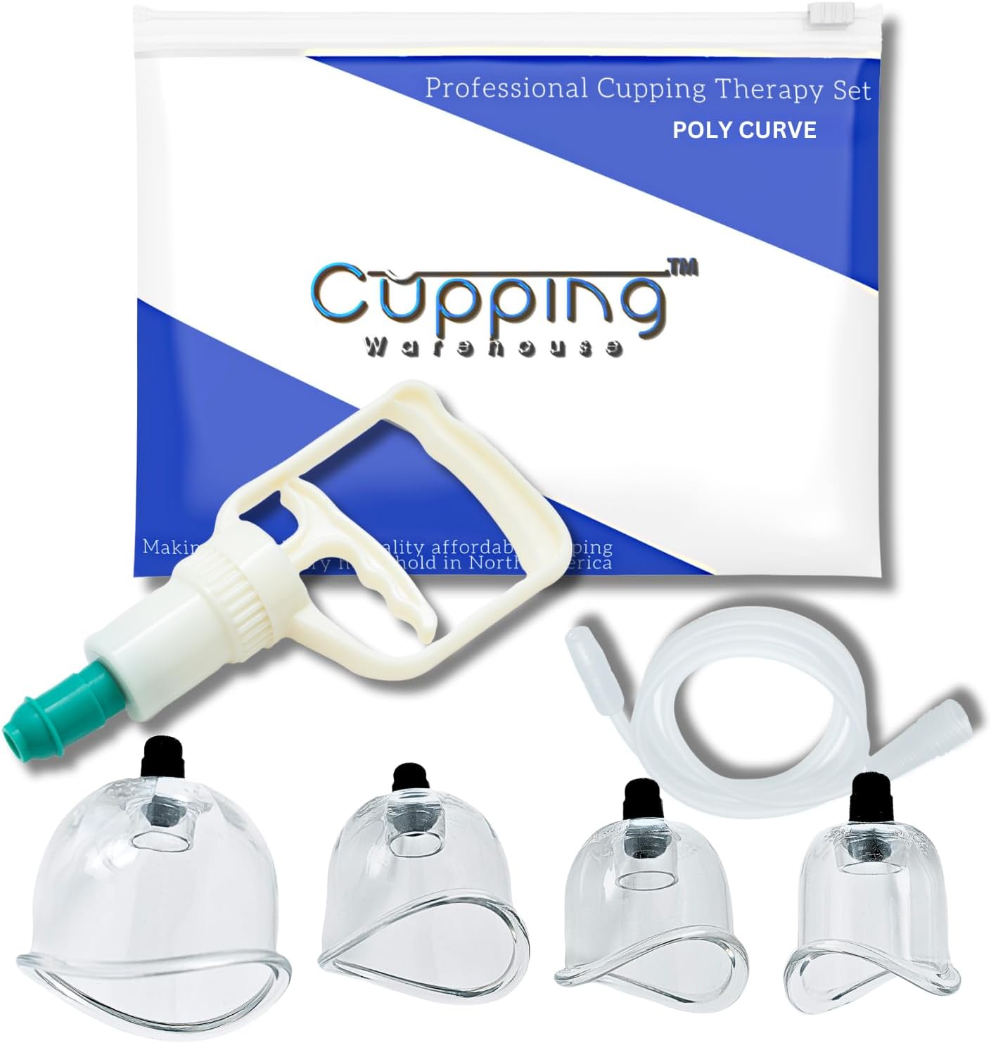 Cupping Warehouse® Poly Curve™ Cups- 4 Sizes Curved Professional Cupping Set Myofascial Cupping Therapy Set -Pump/Extension Hose Massage Cups-Cupping Kit for Massage Therapy (4CUPSET-B1C,B2C,B3C,B4C)