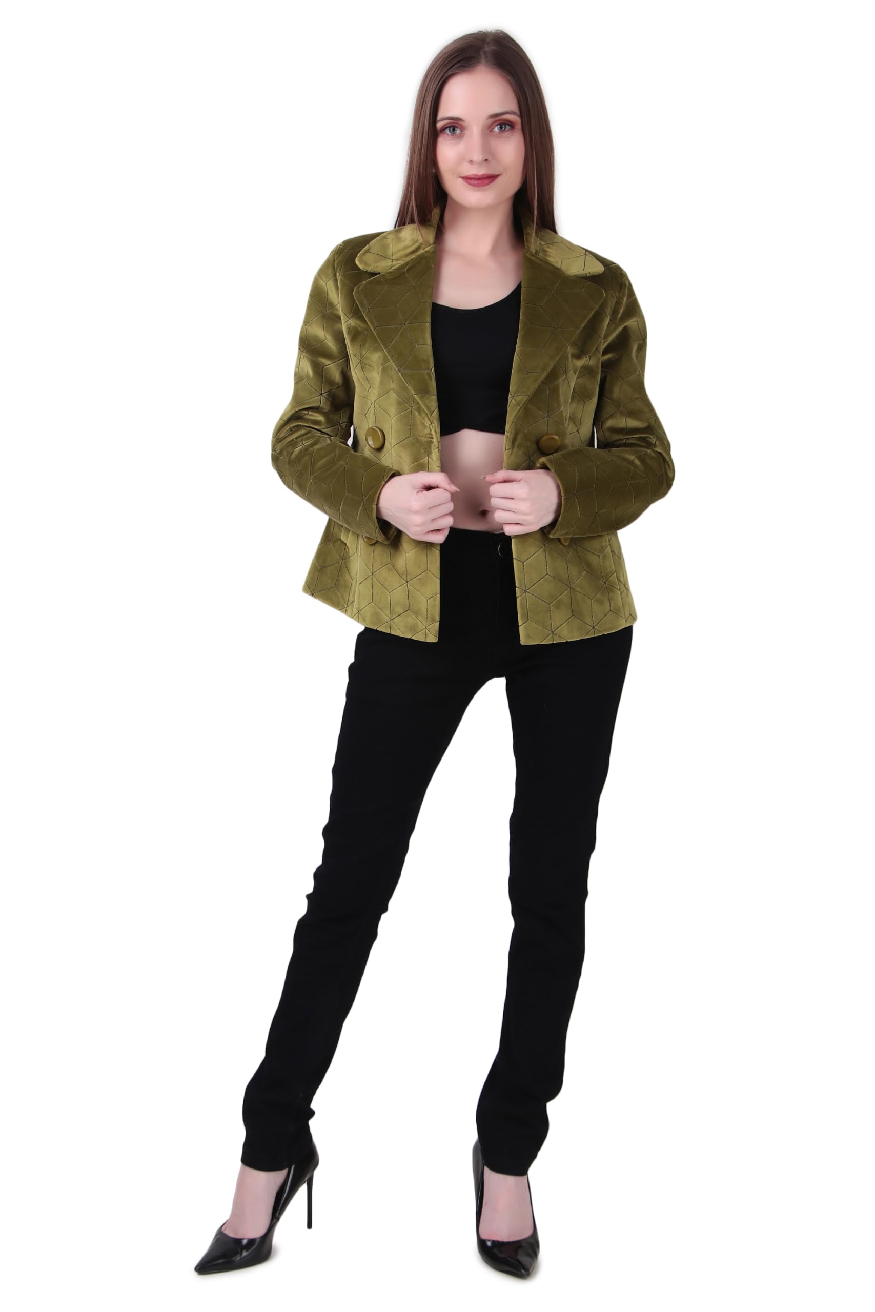 Women's Olive Green Textured Double-Breasted Jacket | Premium Geometric Pattern Blazer Coat with Full Sleeves, (Pack of 1)-image-3