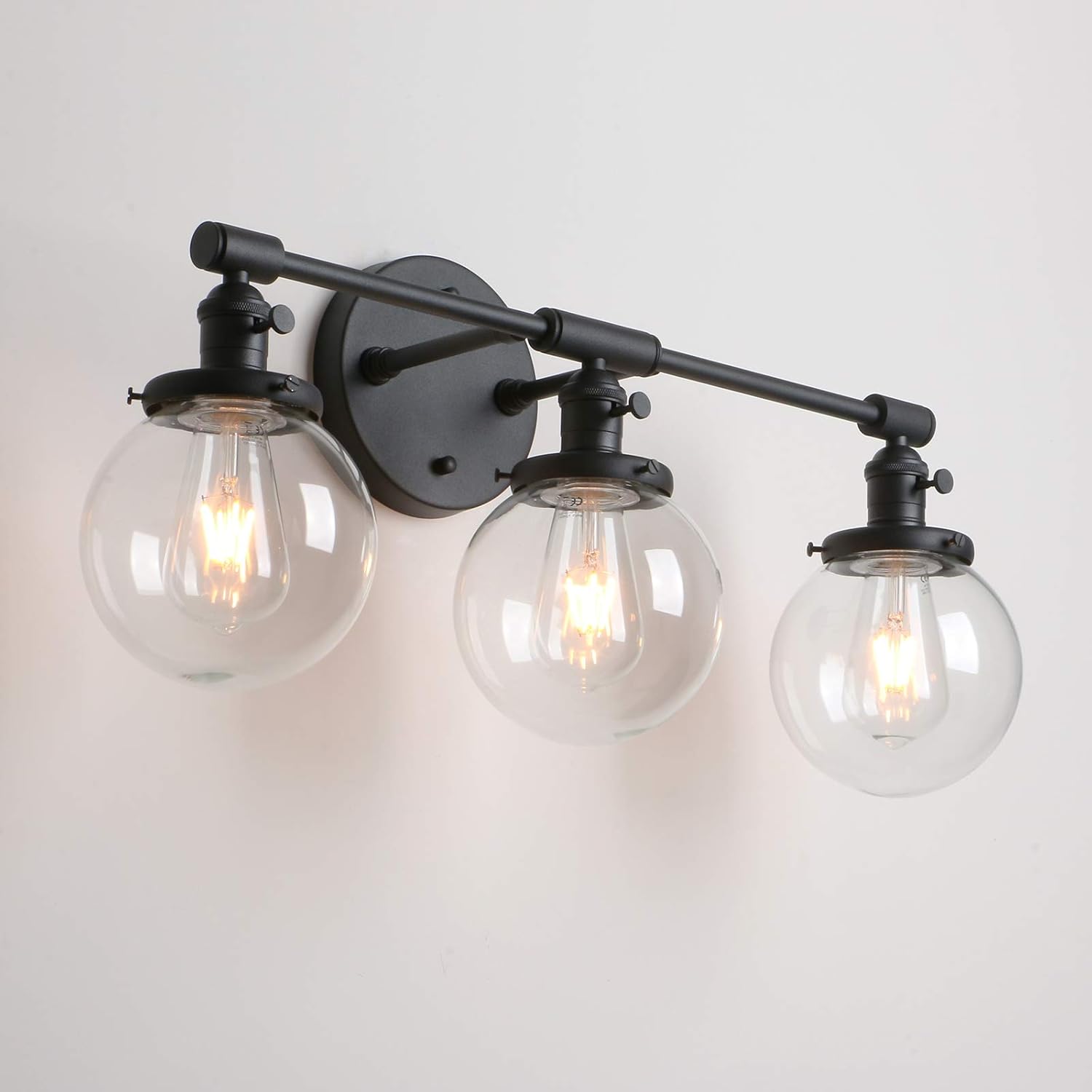 Exclusive Special Permo Vintage Industrial Antique Three-Light Wall Sconces with Mini 5.9 Round Clear Glass Globe Shade (Black)
