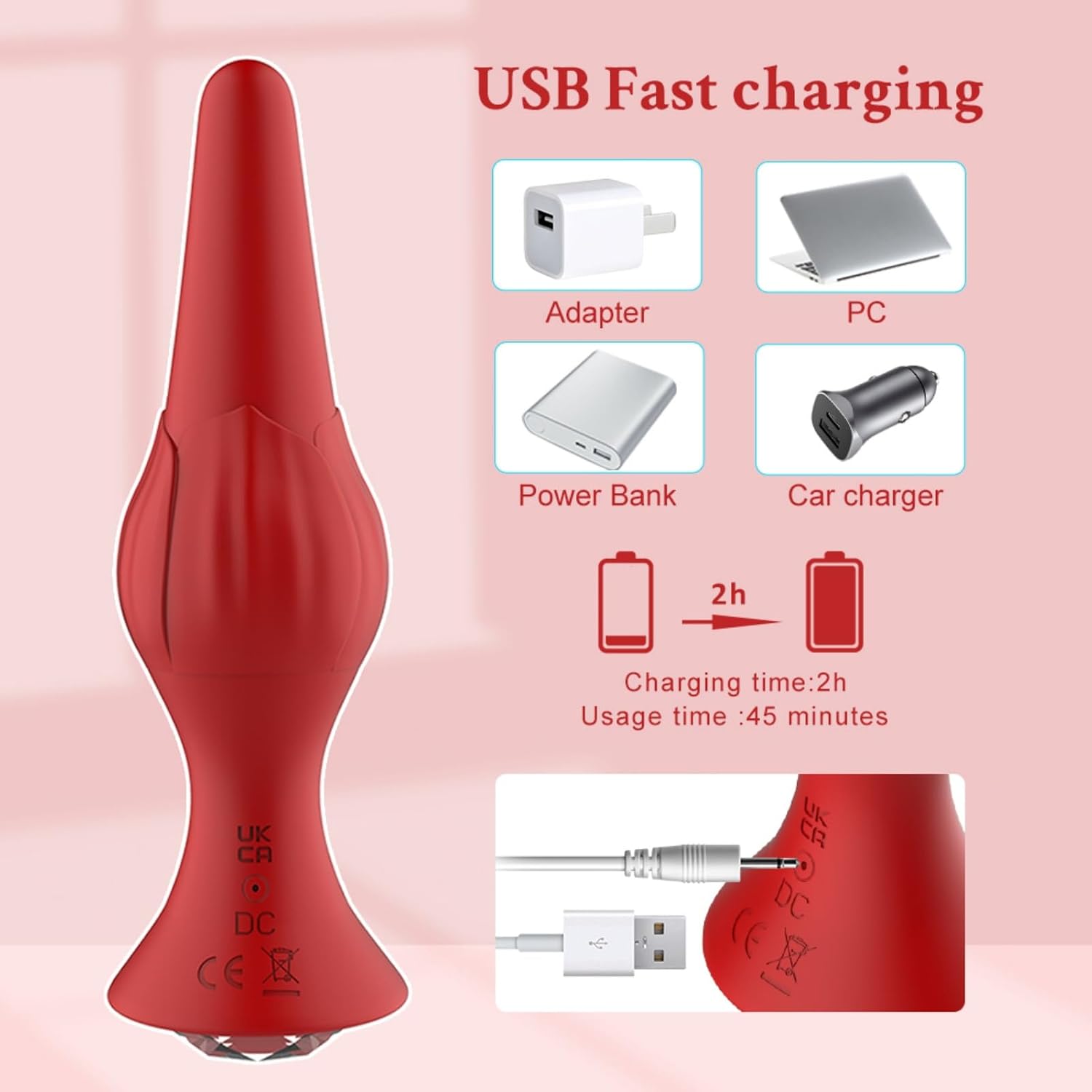 Red Rose Prostate Vibrator, Huge Butt Toy Plug Vibrator with Jewel & 9 Vibration Modes, Silicone Adult Sex Toy for Men