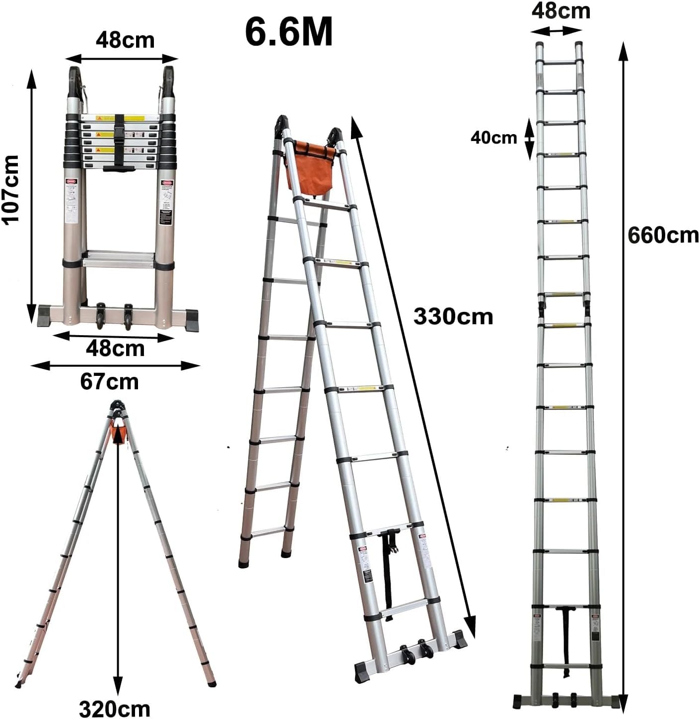 Hooha Teleskopleiter4.2m/5.8m/6.6m Step Ladder für Wohnmobil Wohnmobil-Leiter für Reisen Aluminium Ausziehleiter Strapazierfähig rutschfeste mit Räder für Dachboden Max Belastung Tragkraft 150 kg