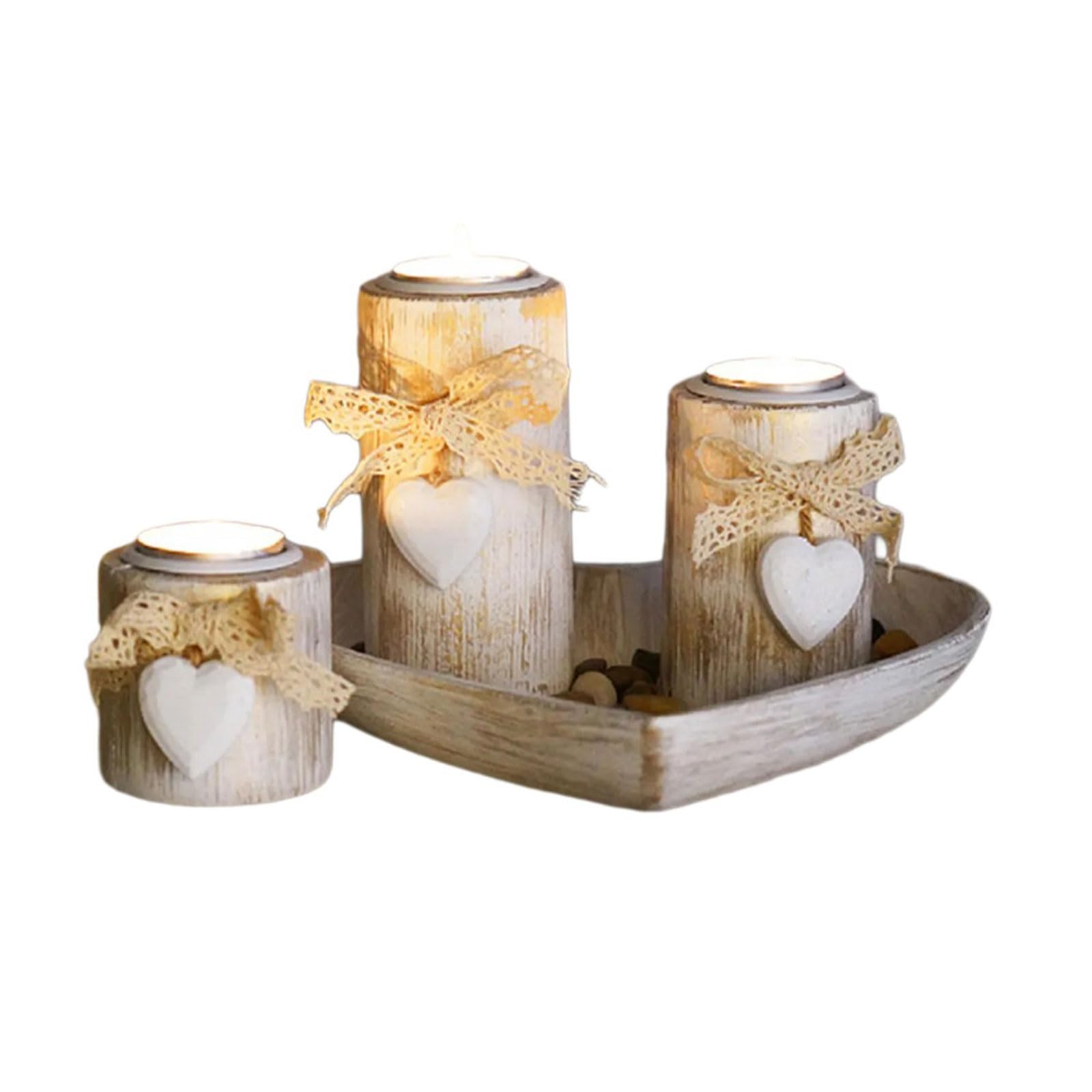 Kalttoy 3Pcs Heart Designs Wood Tealight Holders with Wood Tray for Valentines Day Weddings Centerpieces Table Decors Stand